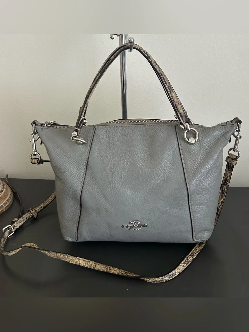 Coach Prairie Satchel Gray Pebbled Leather Crossbody Shoulder Bag Snake Trim